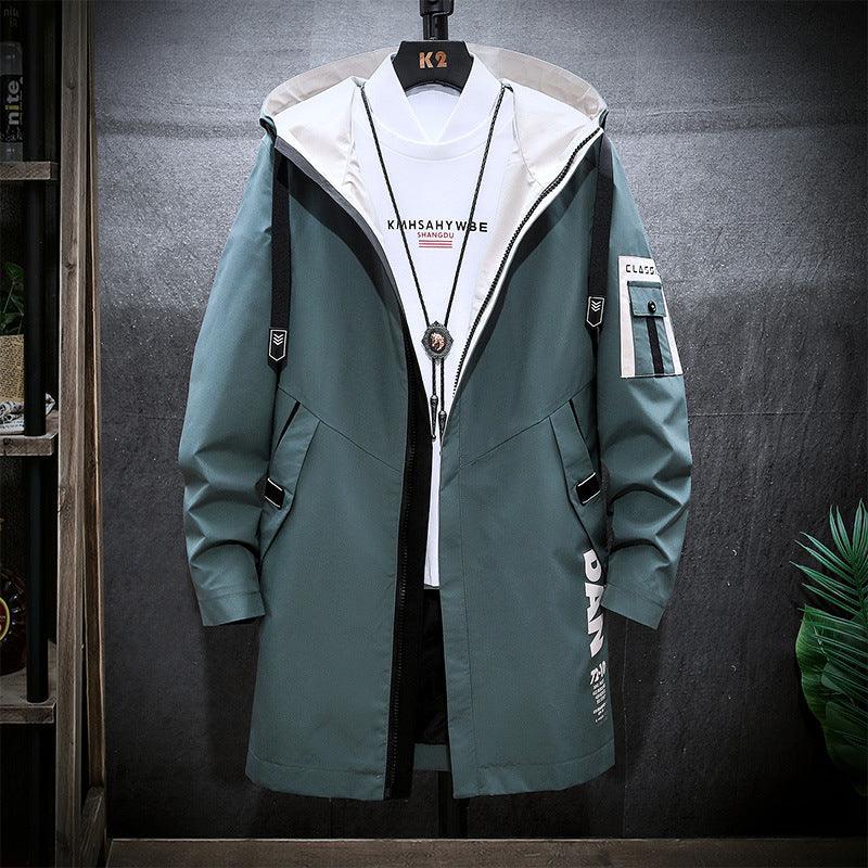 Mid-length hooded windbreaker jacket in dark teal with zip front and side pockets