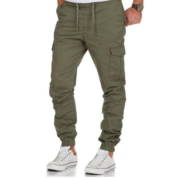 Men's olive green cargo jogger pants with drawstring waist, side pocket, elastic cuffs.