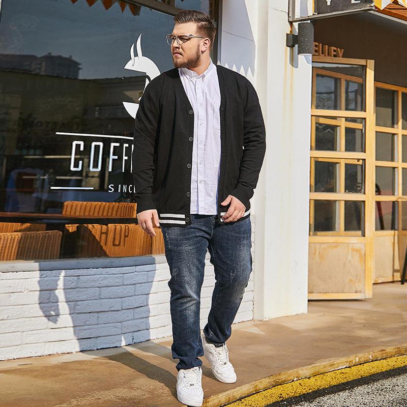 Men's black button-up knit jacket worn with jeans; ribbed striped cuffs and hem