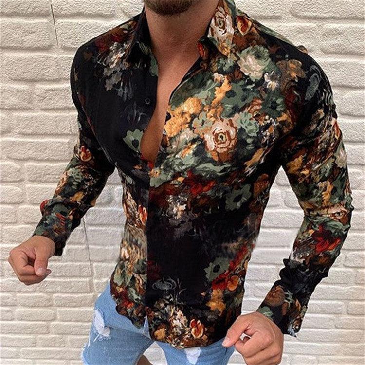 Men's slim button-up shirt in black with colorful floral print, long sleeves