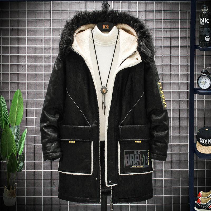 Youth hooded plush padded parka, black with white sherpa lining and front pockets