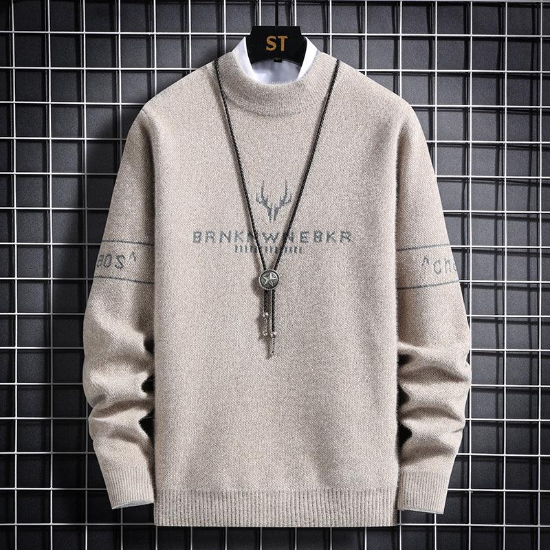 Men's beige knit sweater with graphic crest and pendant-style necklace print