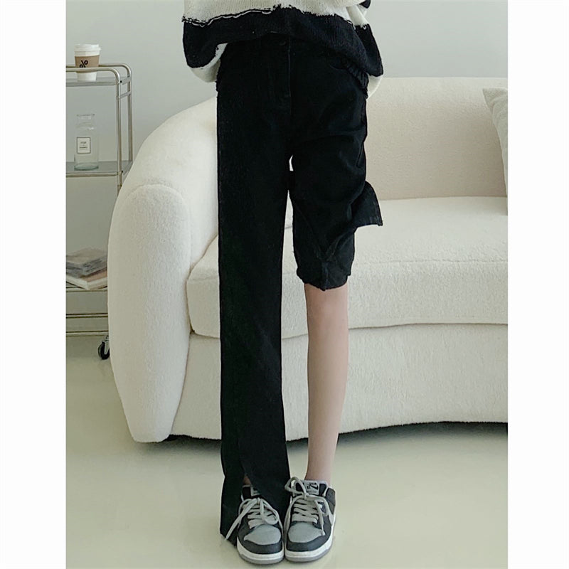 Split Black Jeans Straight Leg - WOMONA.COM