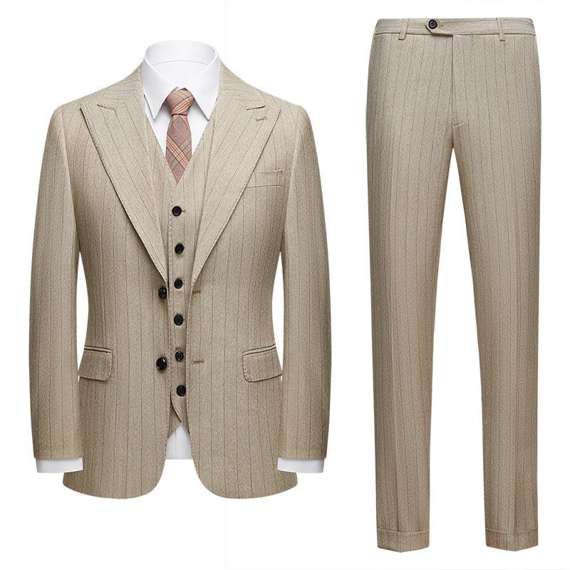Men's three-piece suit in light coffee pinstripe: tailored blazer and vest front