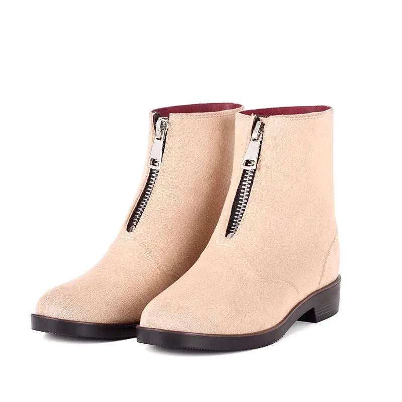 Light beige lightweight rubber ankle boots with side zippers and low block heels