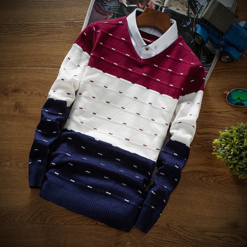 Men's knitted sweater, wine-red and white striped with navy hem and long sleeves