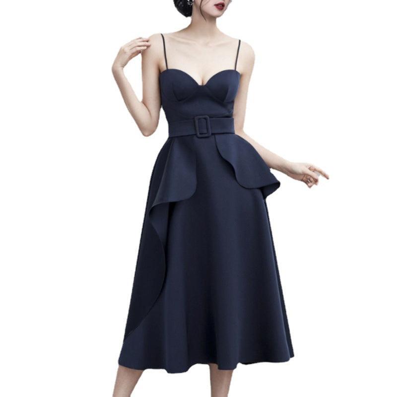 Navy blue swing dress with spaghetti straps, sweetheart neckline, and layered waist peplum