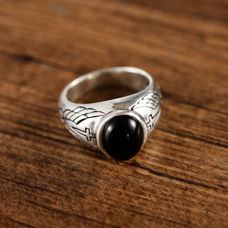 Vintage Thai Silver Black Agate Ring - WOMONA.COM