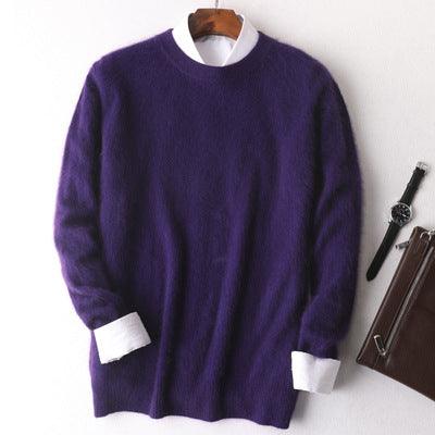 Men's cashmere crewneck sweater, deep purple, ribbed cuffs and hem