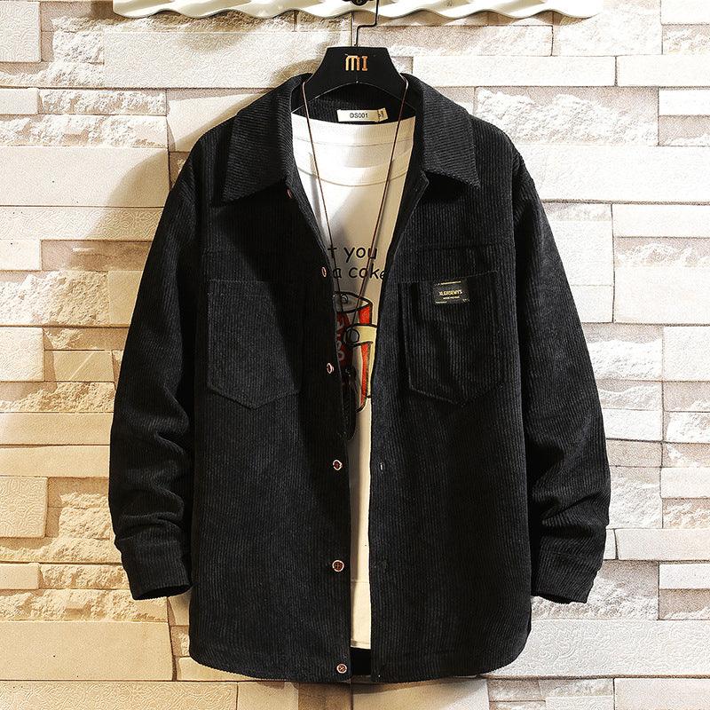 Men's corduroy long-sleeve shirt, black button-up with chest pockets