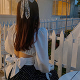 Puff Sleeve Bow Tie French Short Top Women - WOMONA.COM