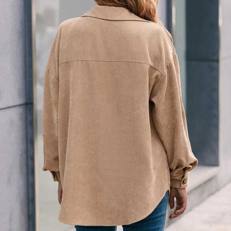 Khaki long-sleeve button-front shirt jacket, back view, pointed collar