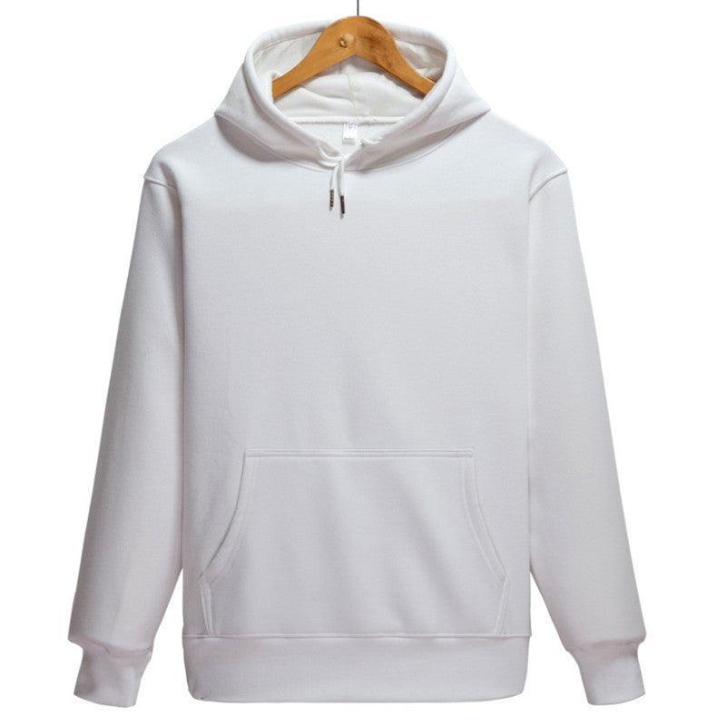 White men's pullover hoodie, drawstring hood, kangaroo pocket, long sleeves