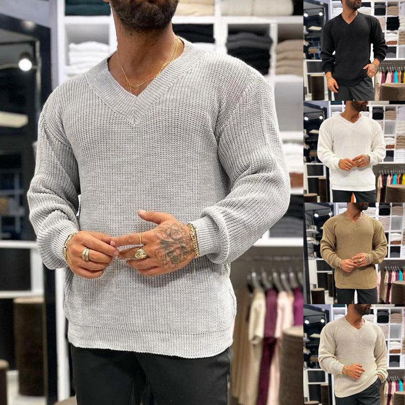 Men's long-sleeve sweater, light grey V-neck knit with ribbed cuffs and hem