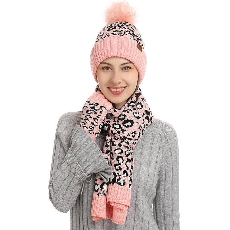 Pink leopard scarf with matching gloves and pom-pom beanie knit set