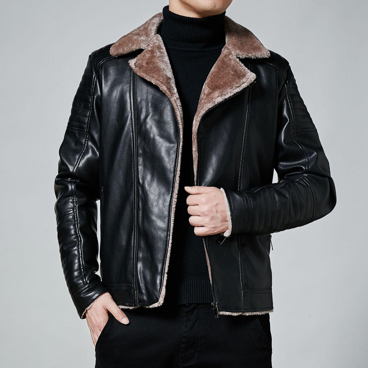 Plus velvet padded jacket with brown shearling-style collar and front zip
