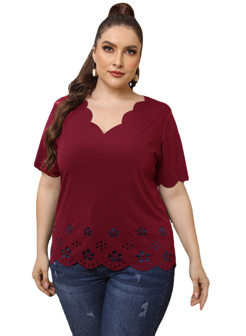 Ladies Plus Size Burnt Floral Hollow V T-Shirt - WOMONA.COM