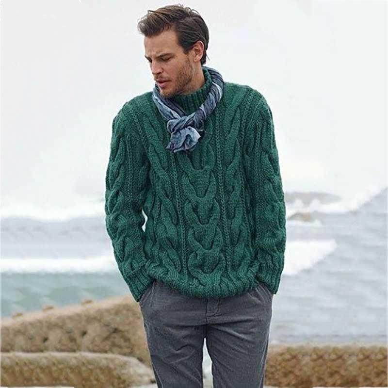 Dark green cable-knit padded pullover sweater with ribbed crew neck and long sleeves.