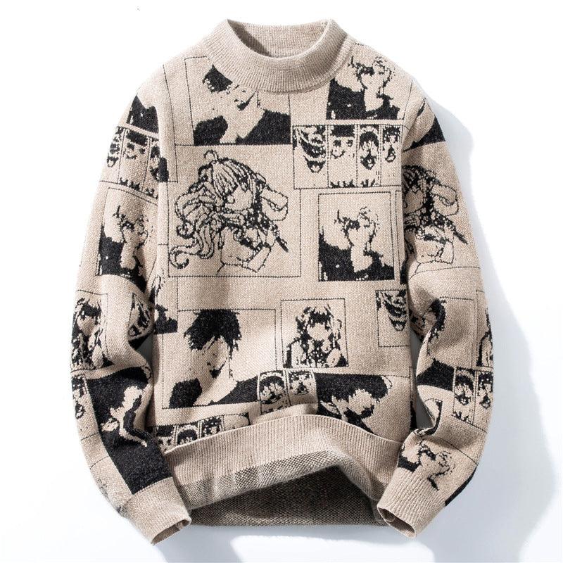 Beige knit sweater with crew neck, long sleeves, black graphic collage