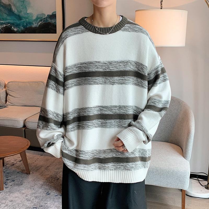 Men's striped sweater jacket, white knit with dark grey bands and ribbed crew neck