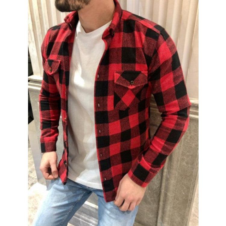 Men's red and black plaid cotton shirt with button front, long sleeves, chest pocket