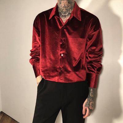 Men's red satin button-up shirt with point collar, long sleeves, and front buttons