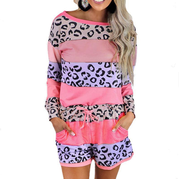 Pajamas With Leopard Print Stitching - WOMONA.COM