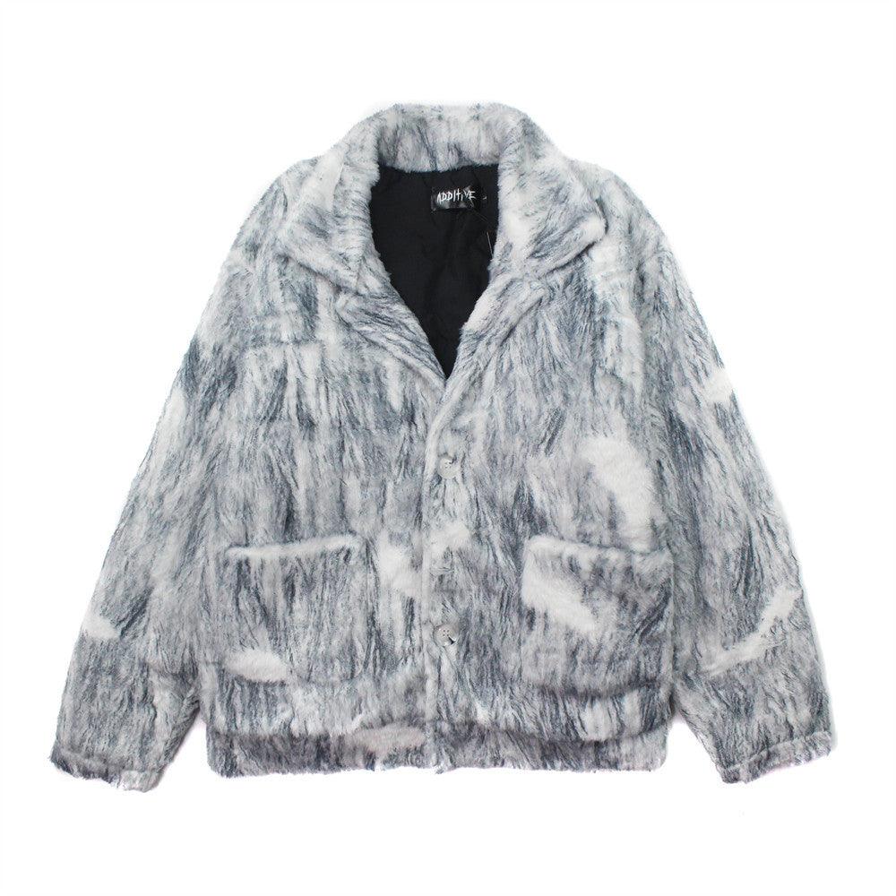 Men's loose padded coat in light grey faux fur with front pockets and button closure
