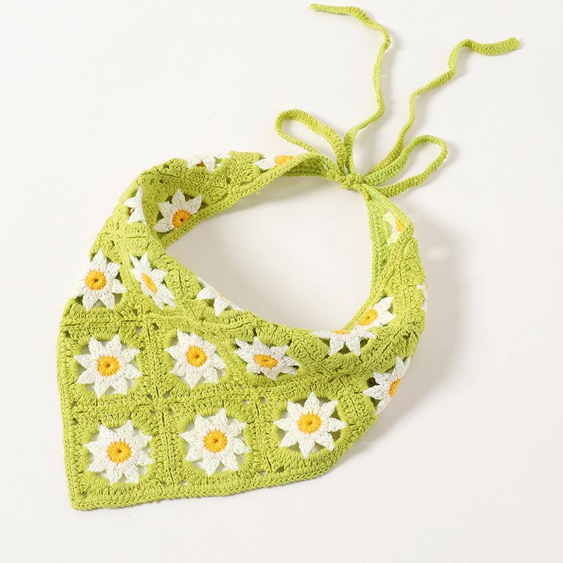 Lime green triangle hair scarf with white daisy appliques and dangling ties