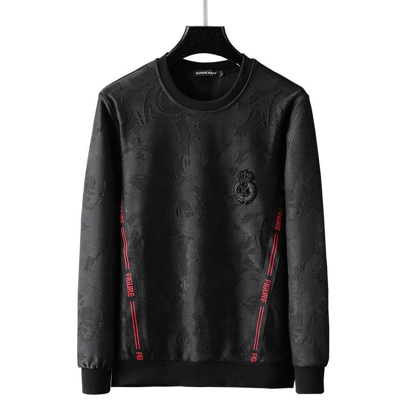 Black round-neck sweater front with textured pattern, red vertical stripe details, ribbed hem