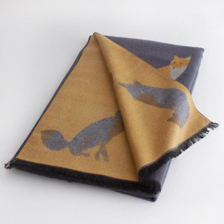 Thick warm jacquard scarf in mustard and dark gray with cat pattern, fringed ends