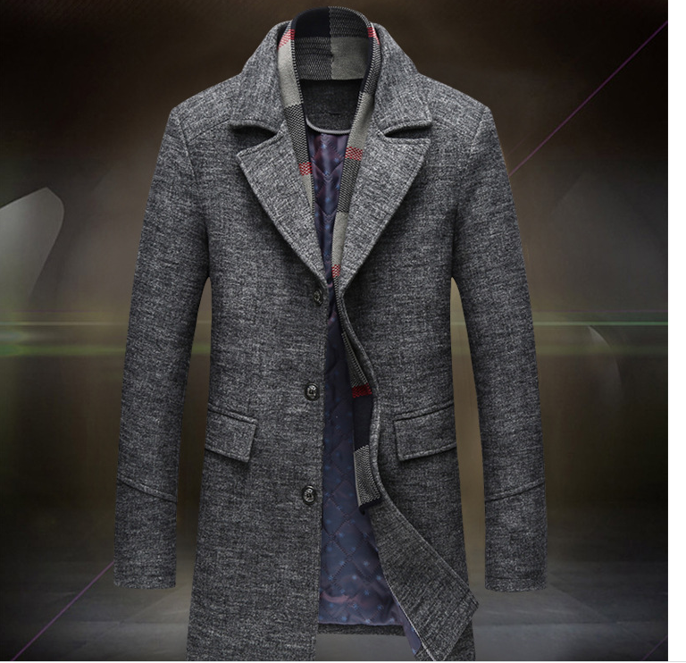 Men Casual Woolen Coat With Scarf - WOMONA.COM