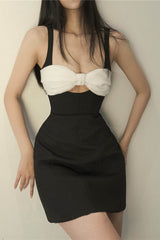 Stitching Bow Suspender Dress - WOMONA.COM