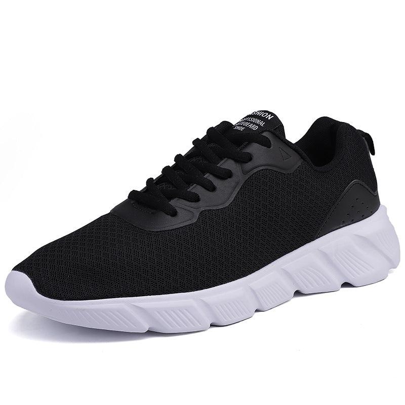 Black breathable mesh casual sneaker, lace-up design with thick cushioned sole, angled view