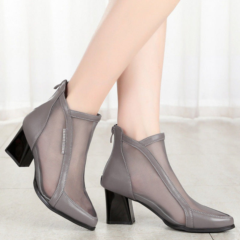 Chunky Heel Mid-heel Hollow Mesh Sandals - WOMONA.COM