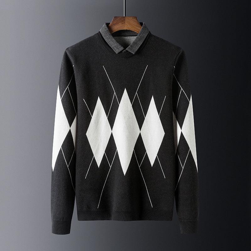 Men's bottoming shirt with black knit base, white argyle diamond pattern, collared neckline
