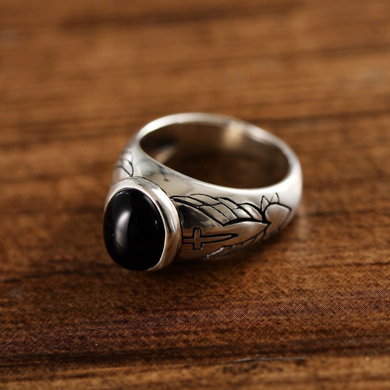 Vintage Thai Silver Black Agate Ring - WOMONA.COM