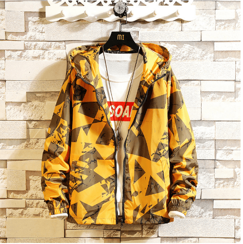 Orange and yellow camouflage hooded zip jacket with elastic cuffs