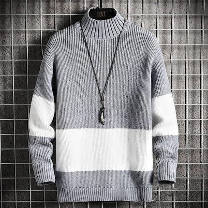 Color-block knit sweater with high neck, long sleeves, gray and white bands, ribbed hem