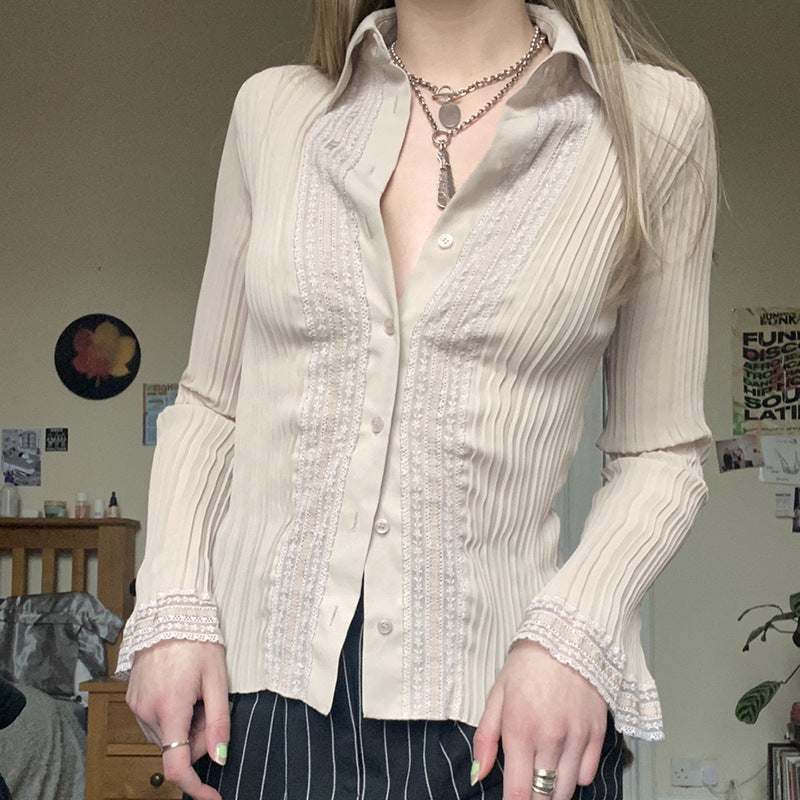 Chiffon Lace Stitching Lapel Shirt - WOMONA.COM