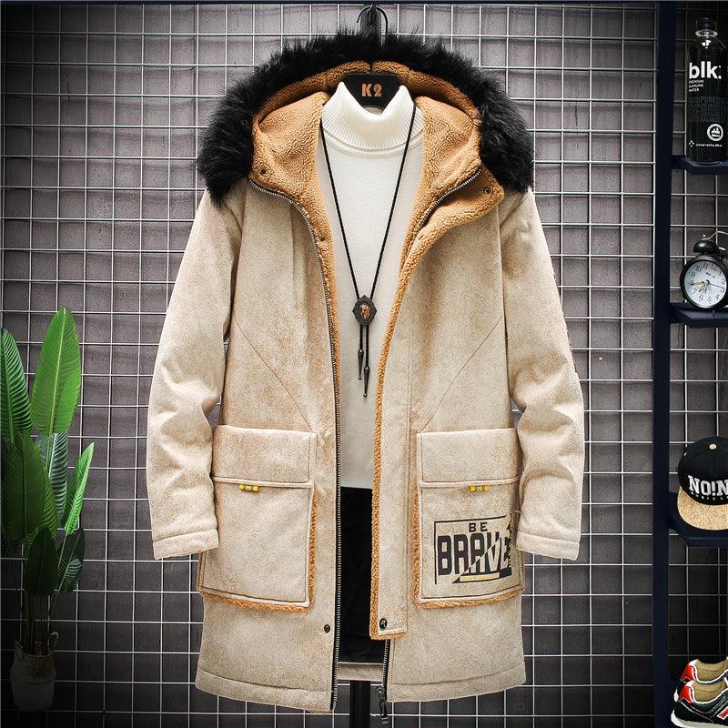 Youth hooded plush parka, tan with sherpa lining, zip front, and chest pocket patch