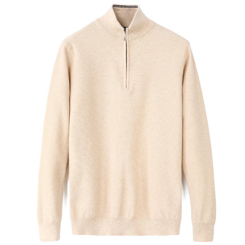 Quarter-zip knit sweater in cream, long sleeves, stand collar